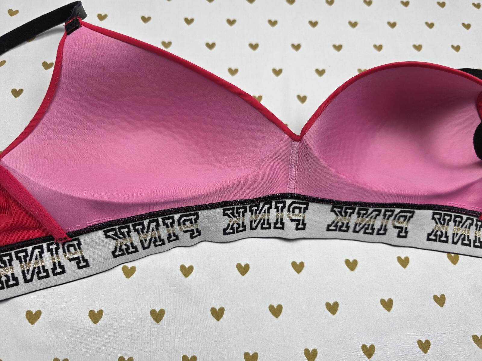 Victorias Secret PINK Red Logo Strap Wireless NO Wire Bra 36C Wear Everywhere