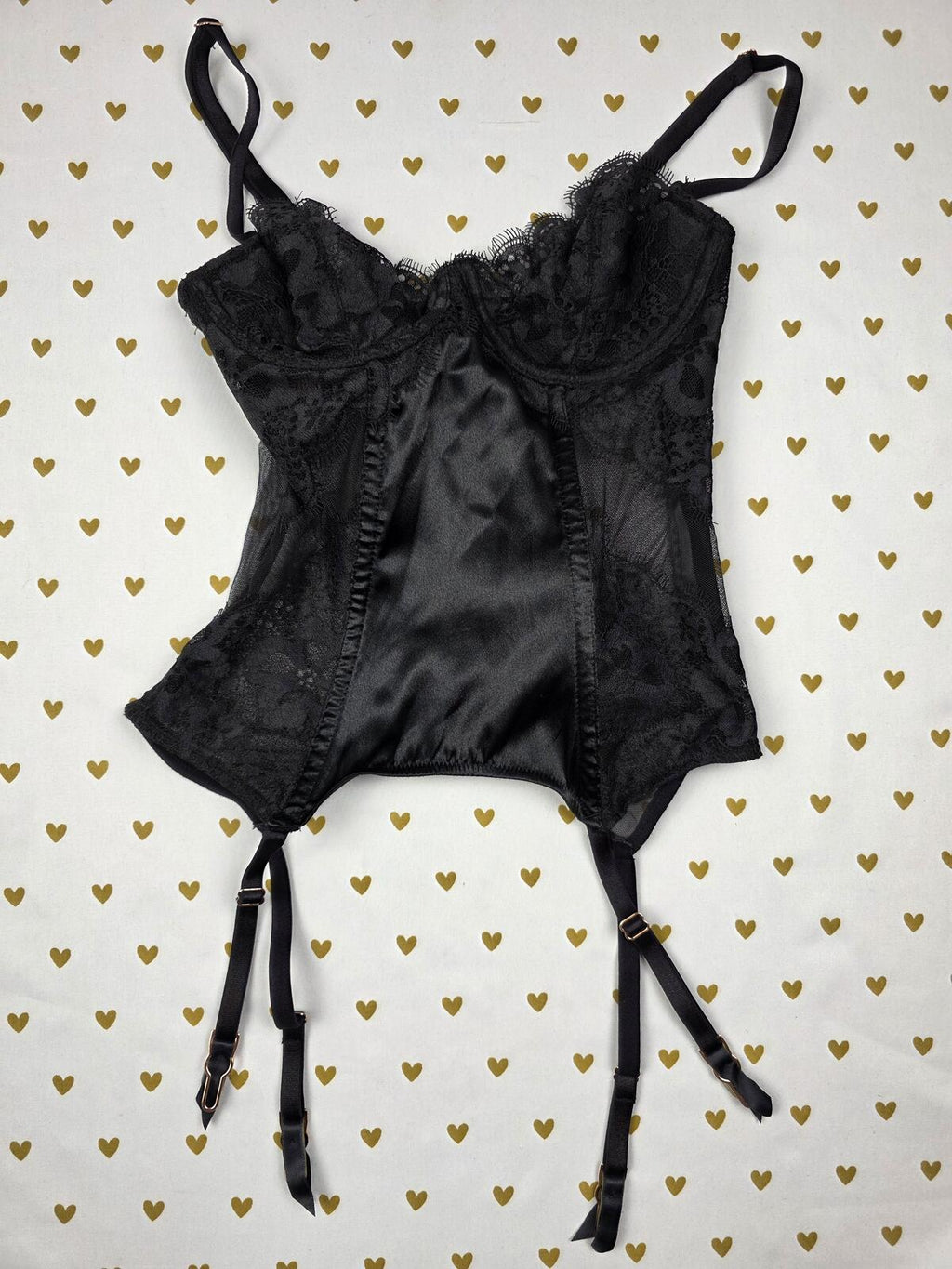 Victorias Secret Black Satin 32B Corset Top Lingerie Garter Straps Underwire