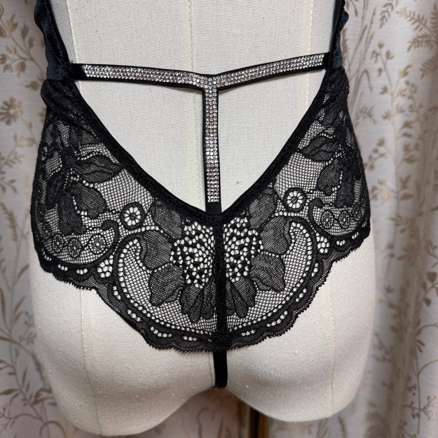 Victorias Secret Black Velvet Shine Teddy Bodysuit M/L Open Back Rhinestone Sexy