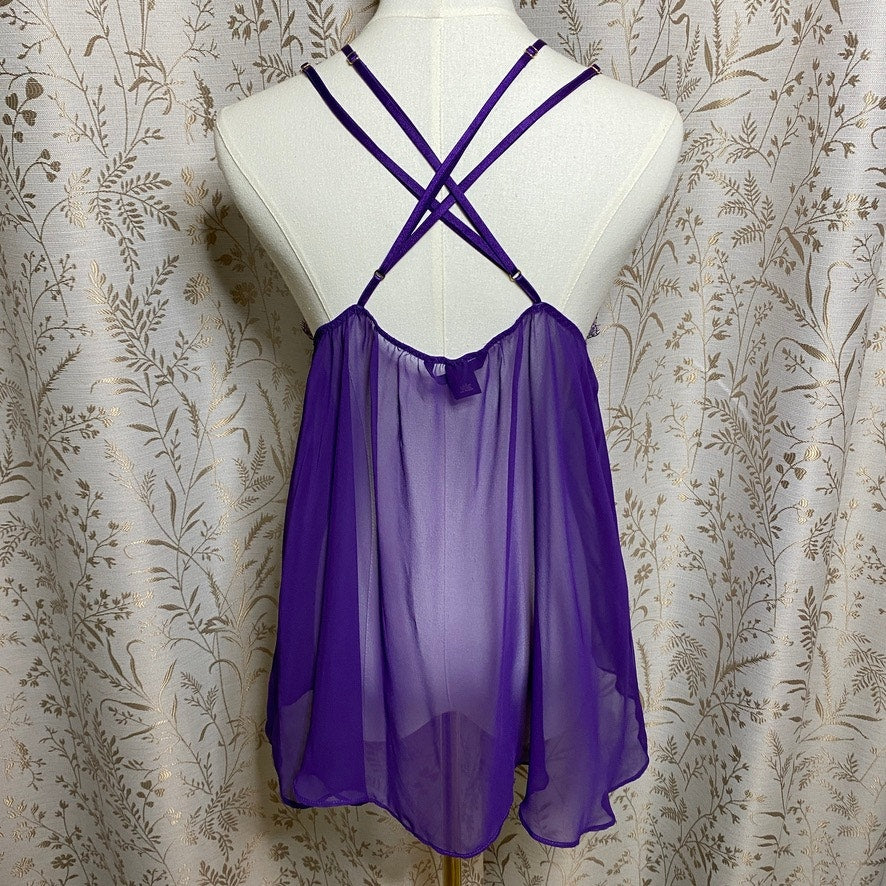 Victorias Secret Purple Chiffon Lace Babydoll Large Cage Back Whimsigoth Regency