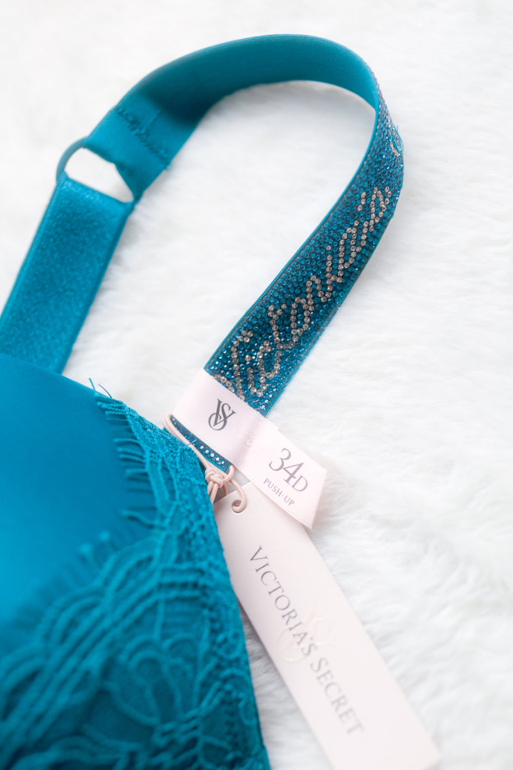 Victoria’s Secret Very Sexy Push Up Cursive Shine Strap Corset Bustier Bra Teal Blue 34D NEW