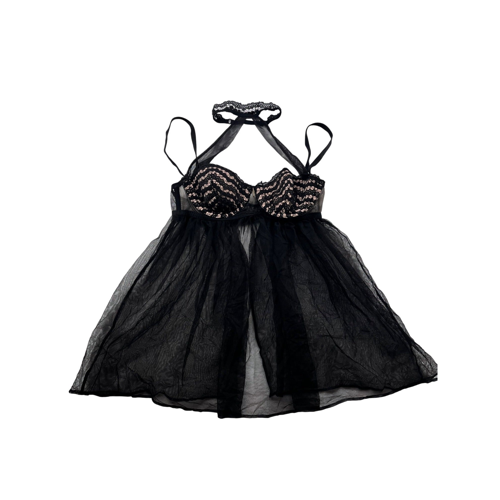 Victorias Secret Black Lace Babydoll Lingerie With Underwire & Halter Neck 34B #6135