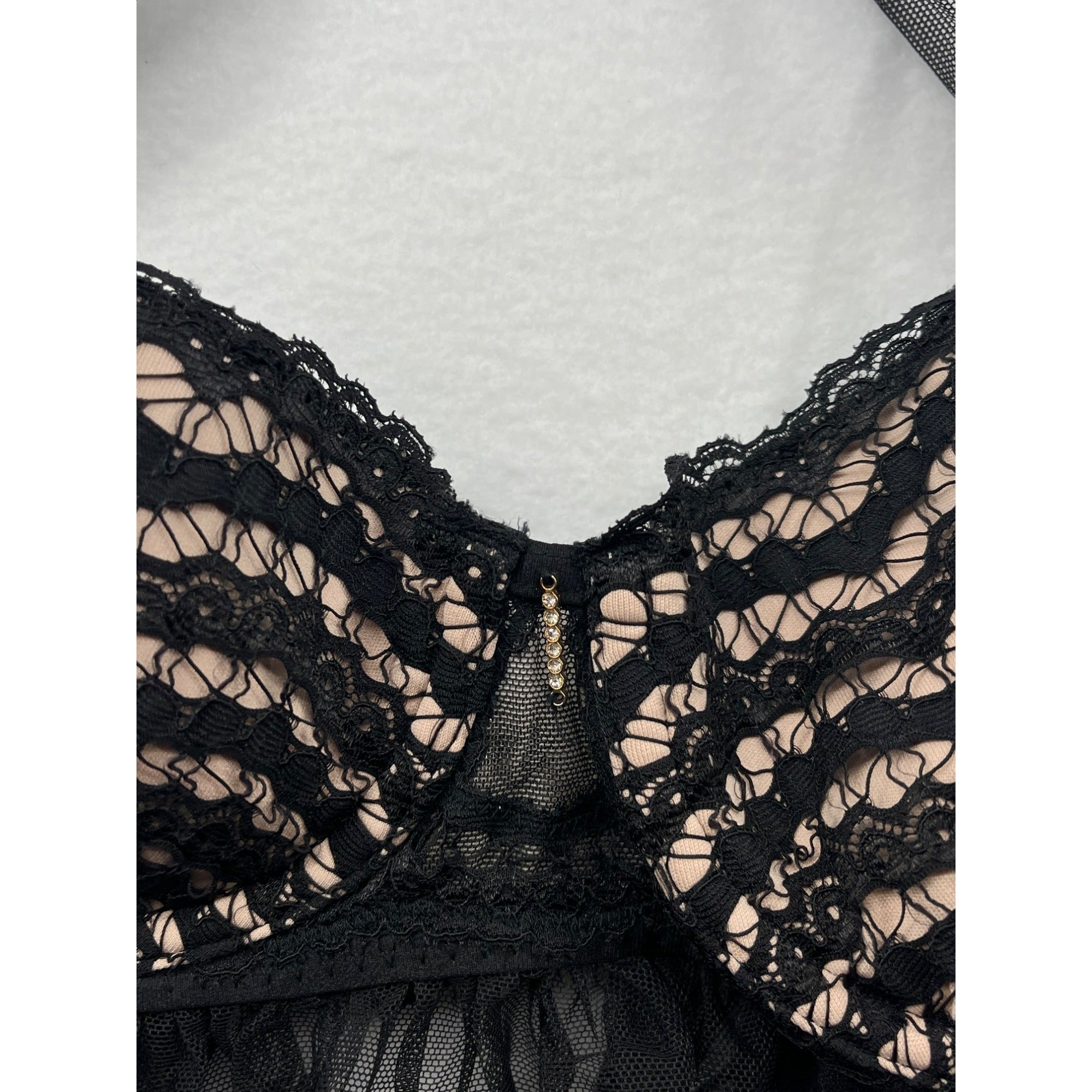 Victorias Secret Black Lace Babydoll Lingerie With Underwire & Halter Neck 34B #6135