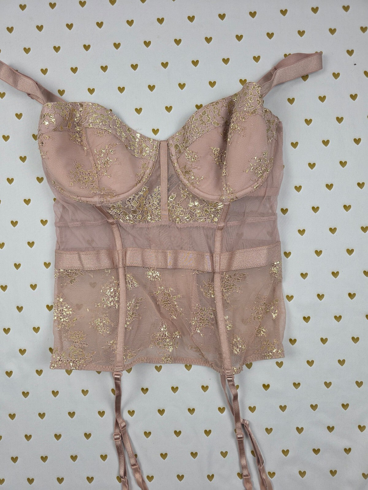 Victoria's Secret Dream Angels Pink Gold Lace Bustier Corset Garter 36D