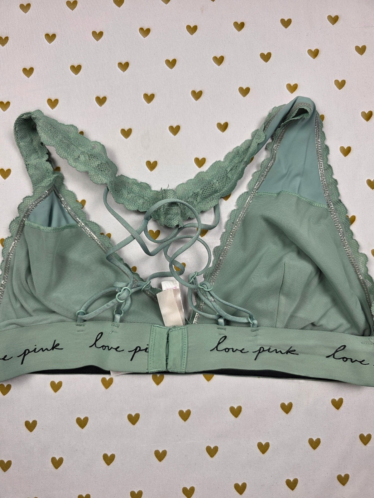 Victorias Secret Pink Green Lace Strappy Caged MEDIUM Bralette Bra Top Tank
