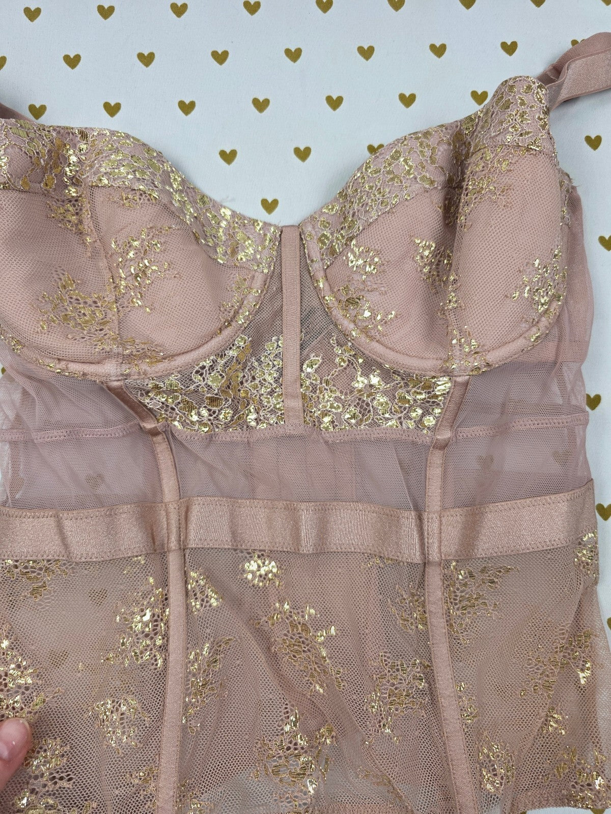 Victoria's Secret Dream Angels Pink Gold Lace Bustier Corset Garter 36D