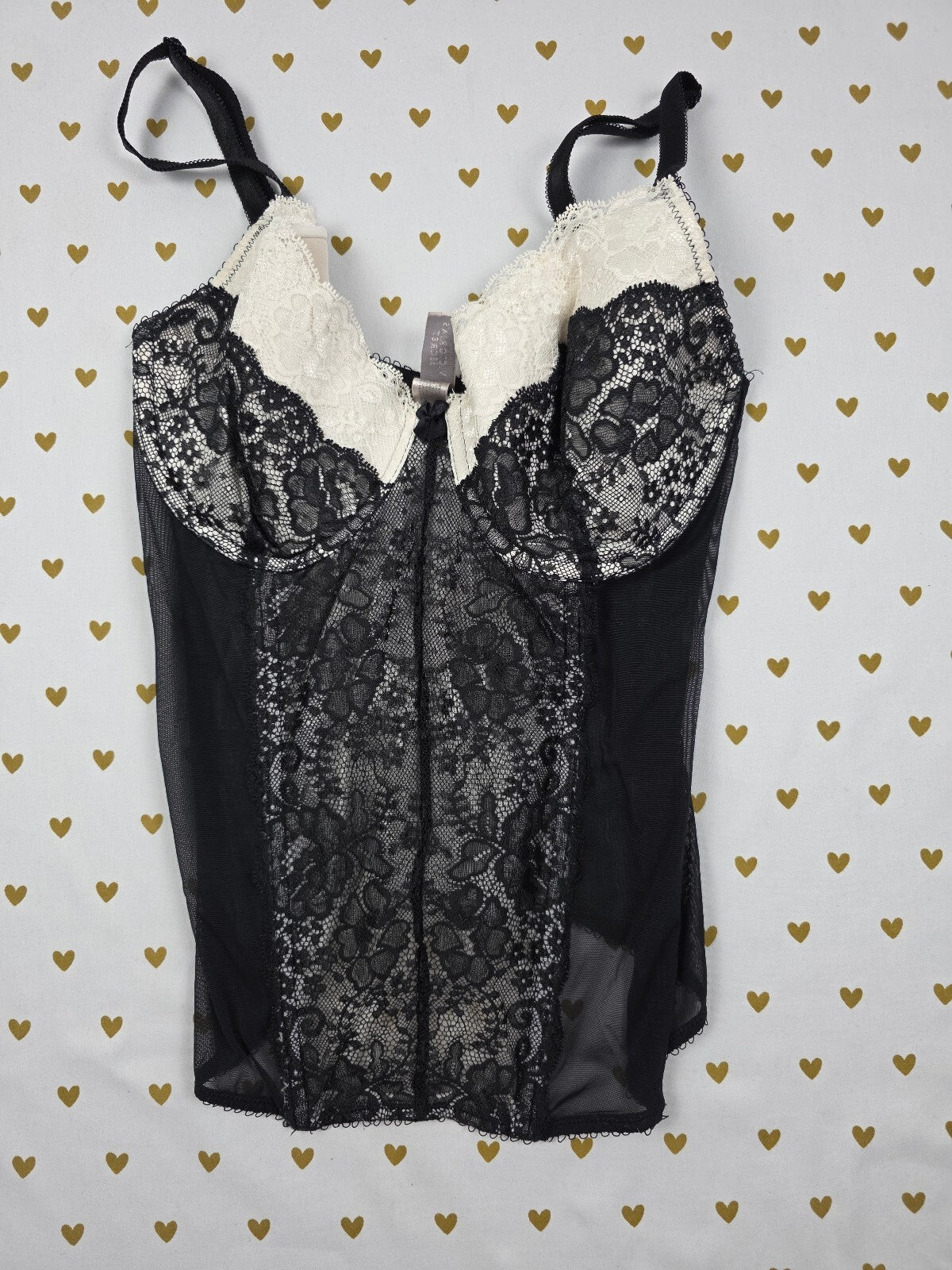 Victoria's Secret Lace Bustier Corset Black Ivory Sheer Mesh Lingerie 36D